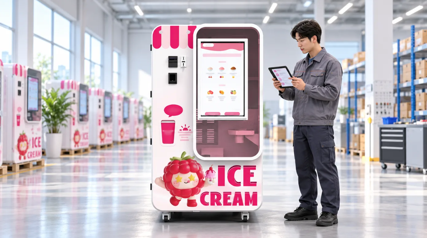 Illustration of a technician testing a payment on an ice cream vending machine with a tablet during commissioning